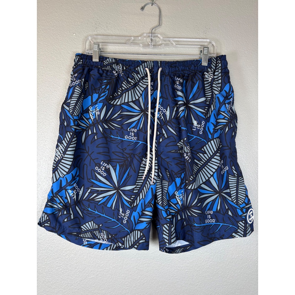 Life is Good Mens XL Swim Trunks Blue Tropical Palm Leaf Mesh Lined Board Shorts